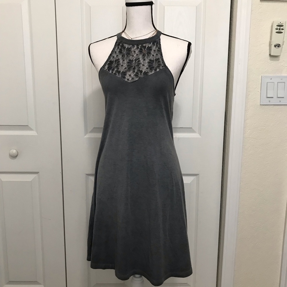 Mudd Gray Halter Lace Yoke Neck Charcoal Gray Sundress Sleeveless Mini Dress S